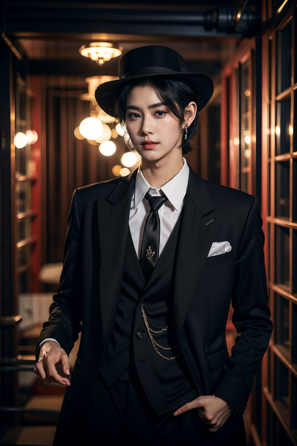 01991-1798555753-sd mai, Suit thug, solo, jewelry, necktie, blurry background, hat, black hair, blurry, earrings, 1girl, formal, shirt, suit, whi.png